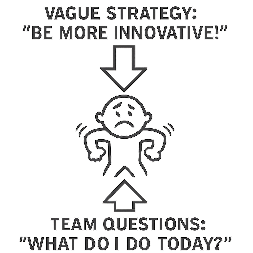 A simple graphic illustrating a person in the middle being squeezed. An arrow from above is labeled "Vague Strategy: 'Be More Innovative!'" and an arrow from below is labeled "Team Questions: 'What do I do today?'"