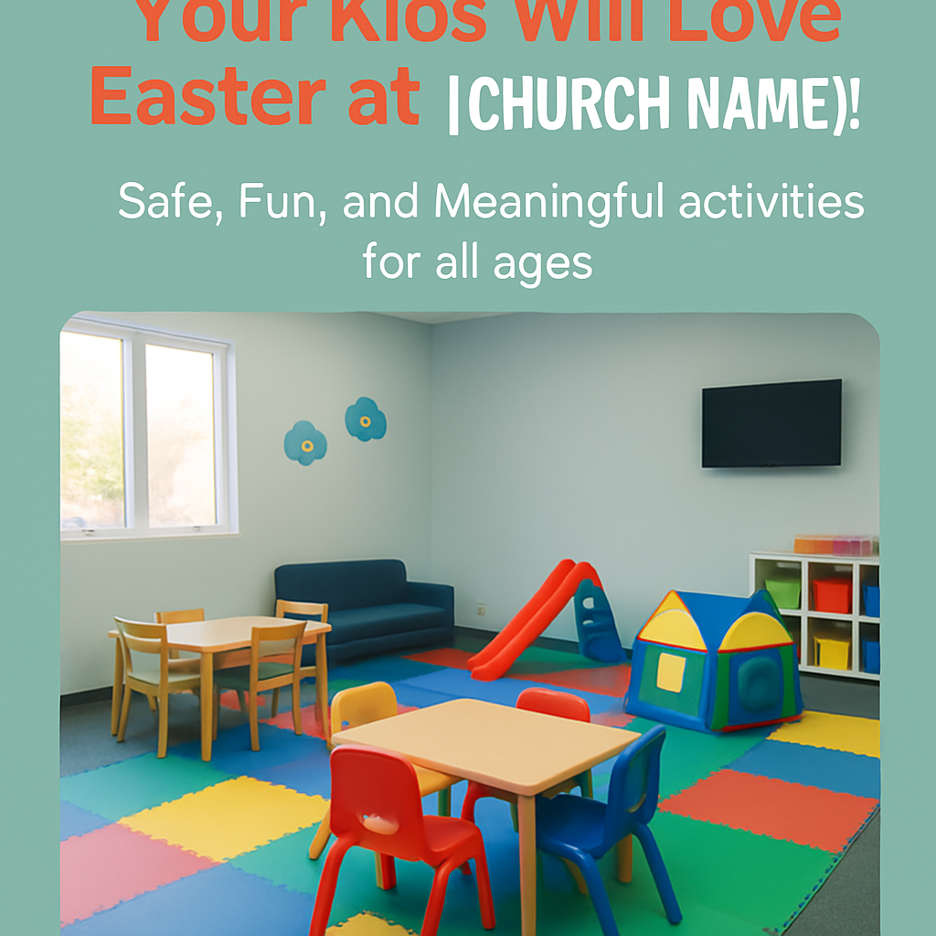 A simple graphic created in Canva. The graphic has a friendly photo of the church's kids' area and text that says 'Your Kids Will Love Easter at (Church Name)! Safe, Fun, and Meaningful activities for all ages.'