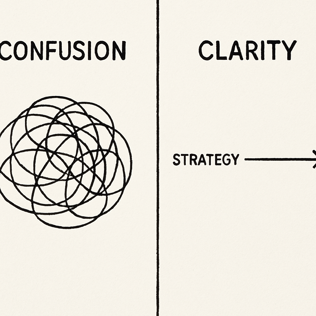 A simple side-by-side visual. On the left, a tangled mess of lines labeled "Confusion." On the right, a single, clear arrow moving from "Strategy" to "Result," labeled "Clarity."