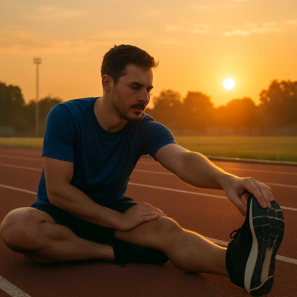 4ab1c423-66f0-4c6b-862b-f6a9d566b8b6 - Ezekiel Taylor A simple and clear photo of a runner stretching calmly on a track after a run, with the sun setting in the background