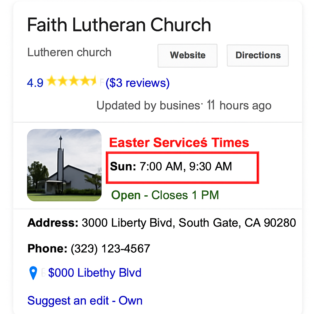 A clean screenshot of a church's Google Business Profile Easter Church Marketing Strategy on the right side of a Google search results page, with a red box highlighting the 'Easter Service Times' section