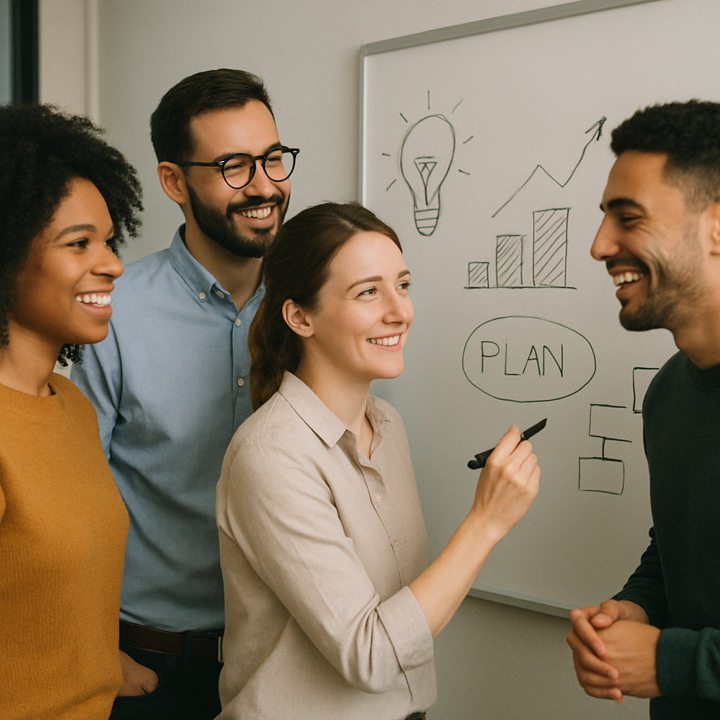 5c3e376b-e952-4d81-8808-555154fa0418 - Ezekiel Taylor A diverse, engaged team collaborating around a whiteboard, looking focused and positive, not stressed or exhausted