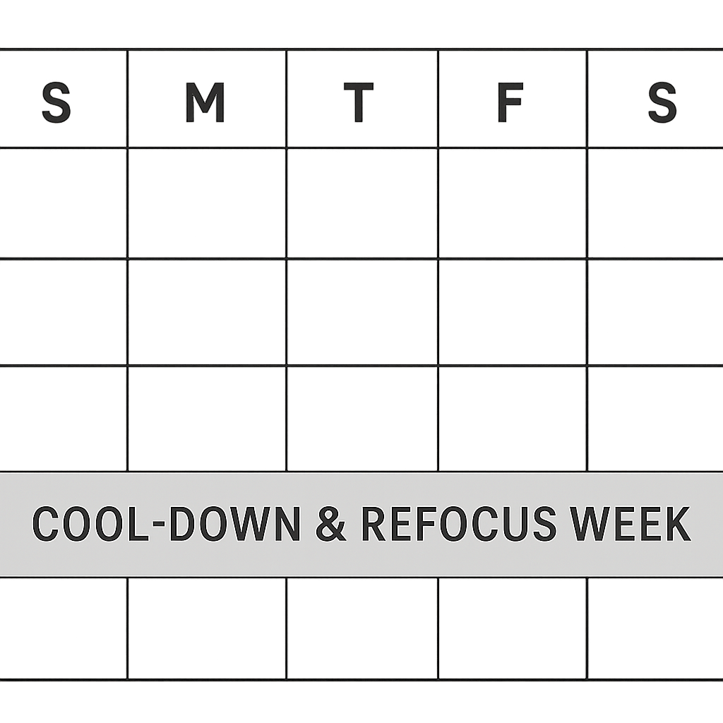 aaa0c5d8-52b1-4195-97eb-0150a4e62d74 - Ezekiel Taylor A simple graphic of a monthly calendar with one week shaded and labeled "Cool-Down & Refocus Week."