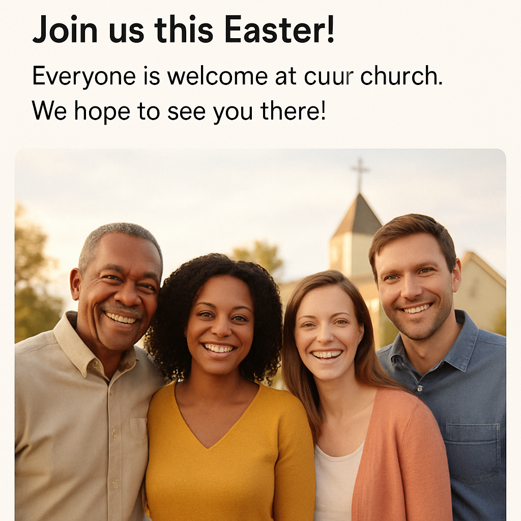 A simple, effective example of a church's Easter invitation post on Facebook, showing a warm photo of smiling people and a clear, welcoming caption