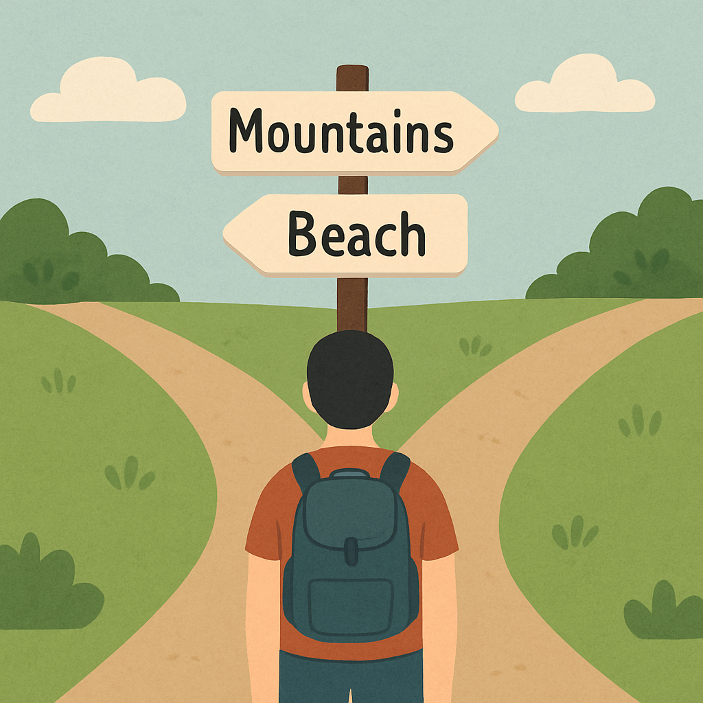A simple, clean image of a person looking at a crossroads with two signs, one pointing to "Mountains" and one to "Beach," representing a choice of destination
